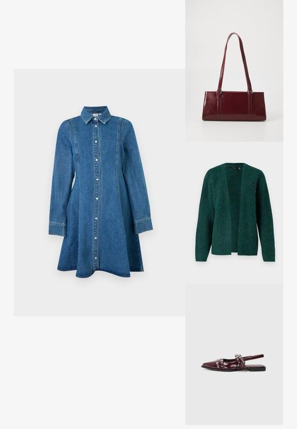 Vero Moda VMNOVAH - Cardigan - pine grove; Blå denim kjole med lange ærmer, krave, knaplukning foran og sømdetaljer, der flaner let ved kanten.; Bordeaux patentlæder slingback flad sandal med spids tå, der har dekorerede remme med metalliske detaljer.; Bordeaux håndtaske lavet af glansfuldt materiale, rektangulær form, med to skulderremme og subtile buede detaljer på forsiden.