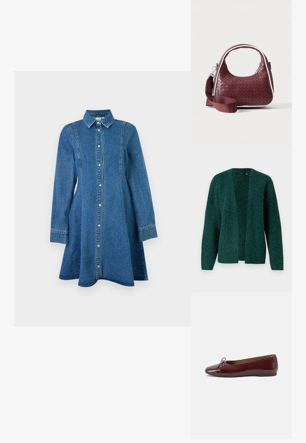 Vero Moda VMNOVAH - Cardigan - pine grove; Blå denim kjole med lange ærmer, krave, knaplukning foran og sømdetaljer, der flaner let ved kanten.; Bordeaux patentlæder balletflad med rund tå, lille sløjfeaccent foran og en lav, sort gummisål. Glat tekstur.; Mørkerød vævet lædertaske med buet hank, hvid kant, sølv lynlås og aftagelig bred stofskulderrem mod en ensfarvet baggrund.