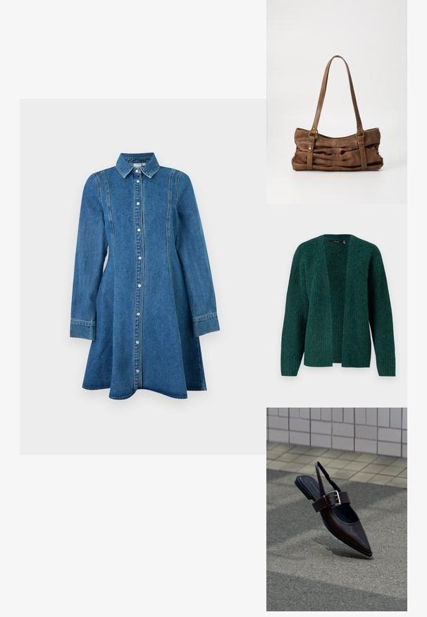 Vero Moda VMNOVAH - Gilet - pine grove; Robe en denim bleu à manches longues avec col, fermeture boutonnée sur le devant et détails de coutures, s'évasant légèrement à l'ourlet.; Chaussure plate à bout pointu marron foncé avec bride arrière, large sangle et grande boucle argentée sur l'asphalte près d'un mur carrelé.; Even&Odd Sac à main - brown