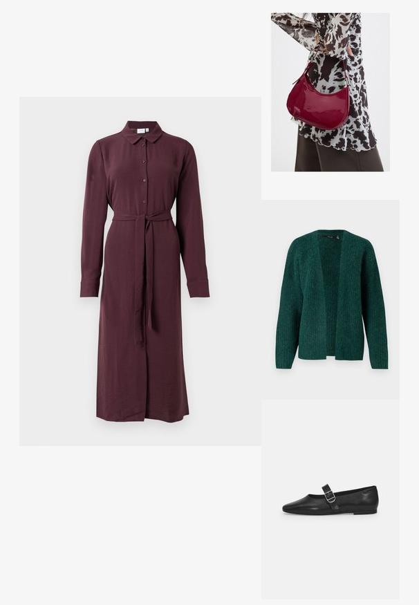 Vero Moda VMNOVAH - Kardigán - pine grove; Dlhý rukáv, tíkací midi šaty v tmavom slivkovom odtieni s golierom a zodpovedajúcim opaskom z rovnakého materiálu zviazaným v páse.; Čierna kožená plochá obuv s okrúhlym nosom, jedným nastaviteľným pásikom so sponou a hladkým, lesklým povrchom. Minimalistický dizajn s nízkym podpätkom.; Žena v čierno-bielom vzorovanom blúzke drží lesklú červenú kabelku cez rameno na jednofarebnom pozadí.