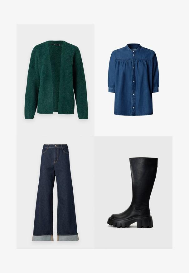 Vero Moda VMNOVAH - Ζακέτα - pine grove; Σκούρο μπλε denim μπλούζα με μακριά μανίκια, σούρες στον ώμο, γιακά μανταρίνι και κλείσιμο με κουμπιά στο μπροστινό μέρος.; Φαρδιές σκοτεινές τζιν παντελόνες με πορτοκαλί ραφή, που διαθέτουν ψηλή μέση, δύο μπροστινές τσέπες και διπλωμένα μπατζάκια που δείχνουν ένα ανοιχτό μπλε υλικό αντίθεσης.; Μαύρες μπότες μέχρι το γόνατο από λείο δέρμα με χοντρή σόλα, με στρογγυλή μύτη, ελαστικές πλαϊνές πάνελ και διακριτικές ραφές.
