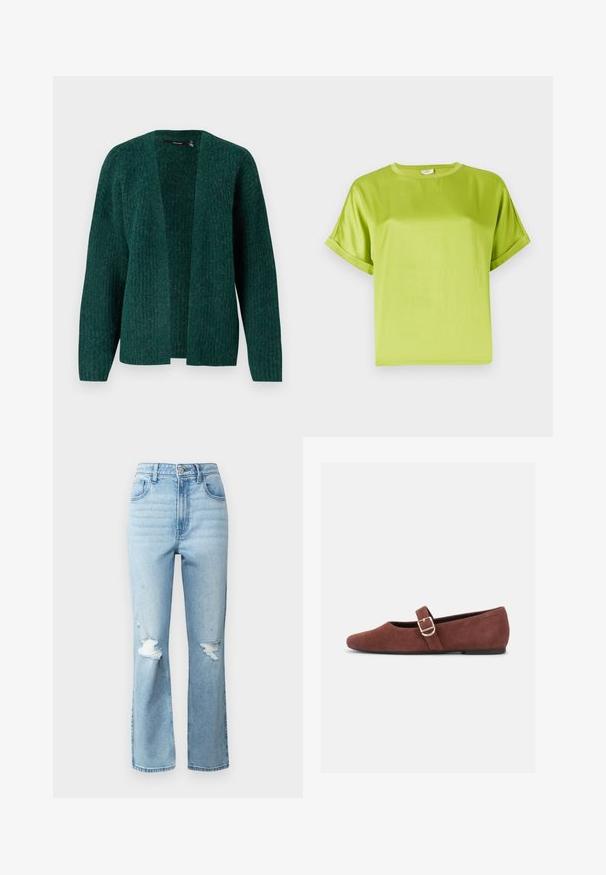Vero Moda VMNOVAH - Chaqueta de punto - pine grove; Top corto de manga corta en verde brillante con escote redondo. Tela suave y brillante con un corte relajado. Puños enrollados y dobladillo recto.; Jeans de color azul claro hechos de denim, con cintura alta, corte recto y detalles desgastados con desgarros en las rodillas.; Zapato plano Mary Jane de gamuza marrón con una correa de hebilla dorada y suela negra sobre fondo blanco.