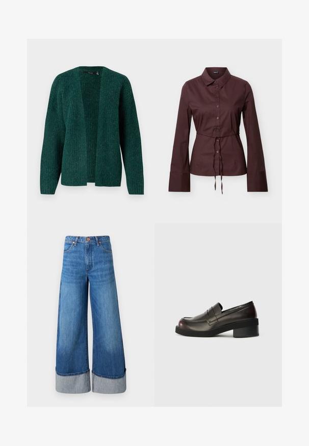 Vero Moda VMNOVAH - Kardigan - pine grove; Tumepruun pikkade varrukatega nööpidega särk kraega, paelaga vöökohas ja laiate manustega, kujutatud neutraalsel taustal.; Laia jalad, keskmise sinise värviga denims. Omab kõrget vööd, heledast denimist pööratud servadega ja klassikalist viie taskuga disaini koos metallaktsentidega.; Tumed pruunid nahast loafersid ümarate varvastega, õmblemiste koolutustega ja mõõduka plokknõelaga. Sile tekstuur, minimalistlik disain.