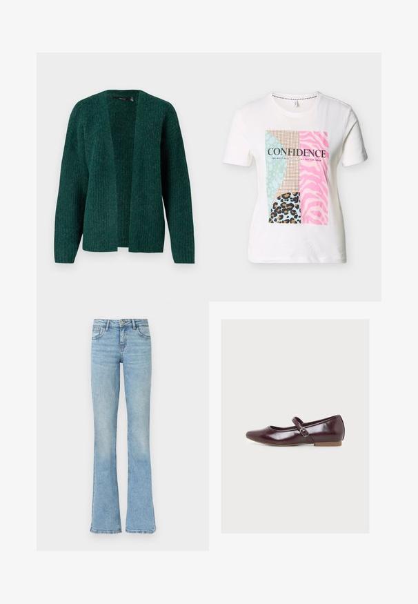 Vero Moda VMNOVAH - Chaqueta de punto - pine grove; Camiseta blanca de manga corta con un bloque de estampado animal multicolor y la palabra "CONFIANZA" en texto negro en el pecho.; Vaqueros de mezclilla azul claro con cintura alta y piernas acampanadas, con bolsillos delanteros, trabillas para cinturón y cierre de botón.; Zapato plano brillante de color rojo oscuro estilo Mary Jane con una correa lateral de hebilla y suela baja en tono marrón claro, mostrado desde una vista lateral izquierda sobre un fondo blanco.