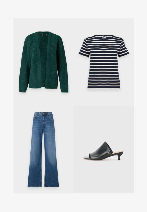 Vero Moda VMNOVAH - Vest - pine grove; Donkerblauw en wit horizontaal gestreept T-shirt met korte mouwen, ronde hals en gouden knopen op de schouderzomen.; Wijduitlopende blauwe spijkerbroek van denim, met een hoge taille, vijf-pocket ontwerp, knoopsluiting en traditionele stiksels.; Zwarte leren open teen muiltjes met een lage hak. Heeft een glad oppervlak en een gouden logo accent aan de zijkant.