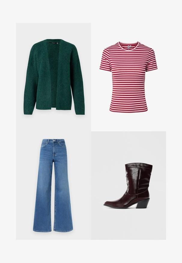 Vero Moda VMNOVAH - Vest - pine grove; T-shirt met korte mouwen, geribbelde stof, met horizontale rode en roze strepen en een ronde hals.; Blauwe denim jeans met hoge taille en wijde pijpen, vooraan een knoop- en ritssluiting, en zakken aan zowel de voorkant als achterkant.; Bordeaux leren enkellaarsjes met een spitse neus, textuur op het oppervlak en een taps toelopende lage hak. Heeft subtiele stiksels en een strakke pasvorm.