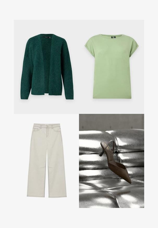 Vero Moda VMNOVAH - Chaqueta de punto - pine grove; Camiseta de algodón de manga corta de color verde claro con cuello redondo y puños de manga remangados, mostrada sobre un fondo blanco liso.; Pantalones de pierna ancha gris claro con cinco bolsillos, cierre frontal de botón y costuras contrastantes a lo largo de las costuras. La tela parece suave y duradera.; Zapato marrón de punta puntiaguda con una tira fina, hecho de ante, con un pequeño tacón cuadrado. Sobre una superficie metálica brillante.