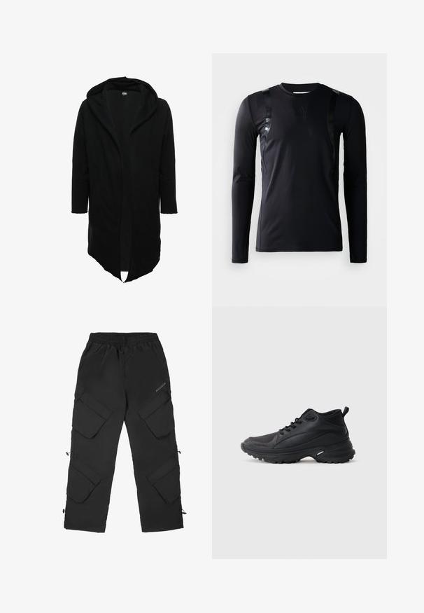Urban Classics LONG HOODED OPEN EDGE - Φούτερ με φερμουάρ - black; Μαύρο αθλητικό μπλουζάκι με μακριά μανίκια, φτιαγμένο από λεία, ελαστική ύφανση. Διαθέτει γυαλιστερά μαύρα στοιχεία στους ώμους και λογότυπο Adidas στο στήθος.; Μαύρο παντελόνι cargo από ελαφρύ, υφασμάτινο υλικό. Διαθέτει ελαστική μέση, πολλαπλές μεγάλες τσέπες και ρυθμιζόμενους cuffs.; Μαύρα αθλητικά παπούτσια από συνθετικό υλικό. Διαθέτουν μαλακό πάτο στο κολάρο, στρογγυλή μύτη, ανθεκτική σόλα με πρόσφυση και λεπτομέρεια με το λογότυπο της εταιρείας.