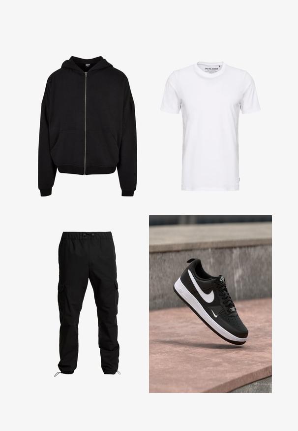 Schwarze Zip-Hoodie mit Kapuze, langen Ärmeln und zwei Fronttaschen. Hergestellt aus weichem Baumwollmischgewebe mit gerippten Bündchen und Saum.; Weißes T-Shirt mit kurzen Ärmeln aus Baumwolle, mit Rundhalsausschnitt und einem schlichten Design. Markentag im Nackenbereich sichtbar. Keine Muster oder Verzierungen.; Schwarze Cargo-Hosen aus strapazierfähigem Stoff, mit elastischem Bund, verstellbaren Kordeln und Seitentaschen mit Klappen.; Schwarz-weißer Nike Air Force 1 Sneaker, der über einer rosa Betonfläche mit grauem Stein-Hintergrund schwebt.