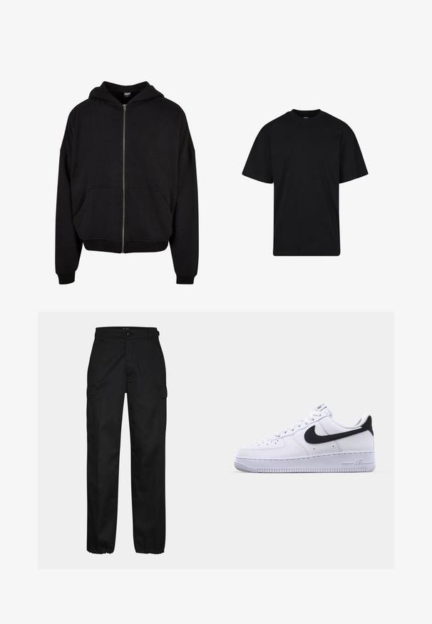 Haut à capuche zippé noir avec capuche, manches longues et deux poches avant. Fait en mélange de coton doux avec des poignets et un ourlet côtelés.; T-shirt noir à manches courtes avec col rond, coupe décontractée, design simple sans logos ni motifs visibles.; Pantalons cargo noirs avec une coupe droite, dotés de poches latérales, d'une fermeture à bouton et de poignets élastiques aux chevilles. Fabriqués en tissu résistant.; Sneaker en cuir blanc avec un Swoosh noir texturé, des lacets plats et une semelle en caoutchouc avec un motif strié. "AIR" est embossé sur le talon.