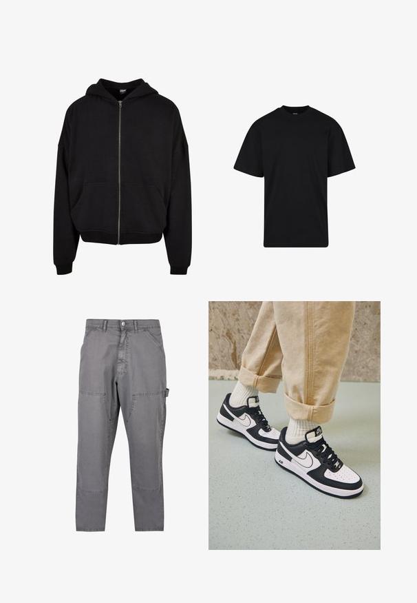 Schwarze Zip-Hoodie mit Kapuze, langen Ärmeln und zwei Fronttaschen. Hergestellt aus weichem Baumwollmischgewebe mit gerippten Bündchen und Saum.; Schwarzes T-Shirt mit kurzen Ärmeln und Rundhalsausschnitt, lockerer Passform, schlichtem Design ohne sichtbare Logos oder Muster.; Graue Cargo-Hosen aus Baumwolle mit geradem Schnitt, seitlichen Taschen und Doppelnaht für Haltbarkeit.; Schwarz-weiße Nike Air Force 1 Sneaker mit einem Obermaterial aus Leder, perforierter Zehenpartie und strukturiertem Sohlendesign, getragen mit aufgerollten beigen Hosen und weißen Socken.