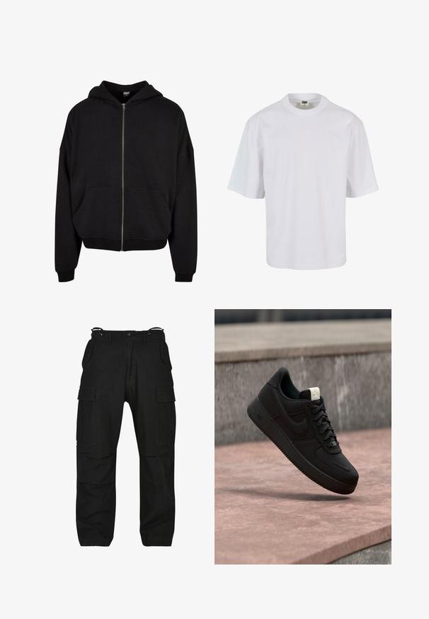 Schwarze Zip-Hoodie mit Kapuze, langen Ärmeln und zwei Fronttaschen. Hergestellt aus weichem Baumwollmischgewebe mit gerippten Bündchen und Saum.; Weißes T-Shirt mit kurzen Ärmeln aus Baumwolle. Verfügt über einen Rundhalsausschnitt und einen lockeren Schnitt mit glatter Oberfläche sowie ohne sichtbare Muster oder Grafiken.; Schwarze Cargo-Hosen aus robustem Material. Verfügt über mehrere Taschen, eine lockere Passform und einen Reißverschluss mit Knopfverschluss. Verstärkte Nähte an den Nähten.; Schwarzer Nike Air Force 1 Sneaker, der über einer rosa Betonkante mit grauem Stein-Hintergrund schwebt und Seiten- sowie Oberseiten-Details zeigt.