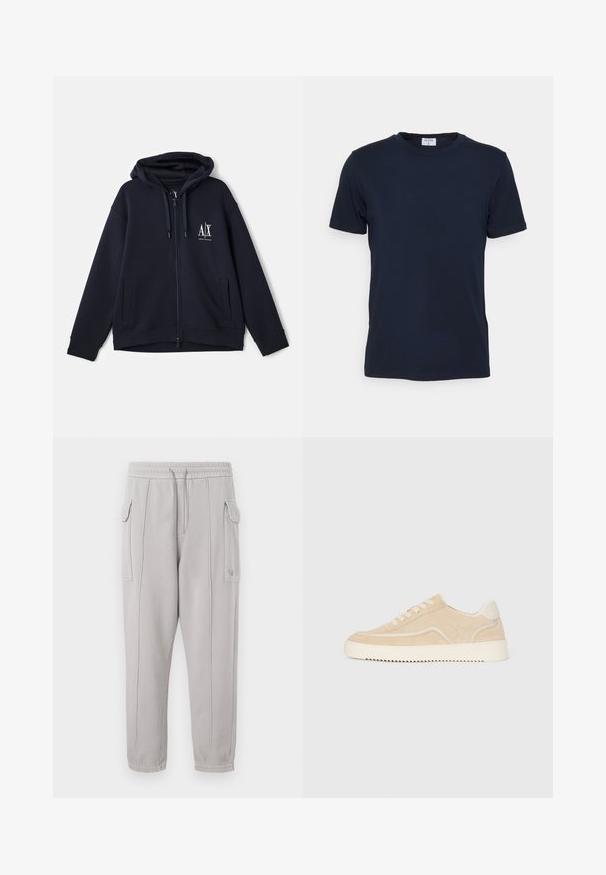 Sweat-shirt à zip bleu marine en tissu doux, avec un logo sur le devant, deux poches latérales et une capuche réglable avec cordon. Design à coupe décontractée.; T-shirt bleu marine à col ras du cou fabriqué en tissu doux. Manches courtes avec une coupe classique, avec une étiquette au niveau du col. Texture lisse, design minimal.; Pantalon de survêtement gris avec taille élastique, poches latérales et détail cousu courant verticalement le long des jambes. Texture en mélange de coton.; Baskets en daim beige avec semelle et lacets blancs, design basse, et motif de semelle en zigzag.
