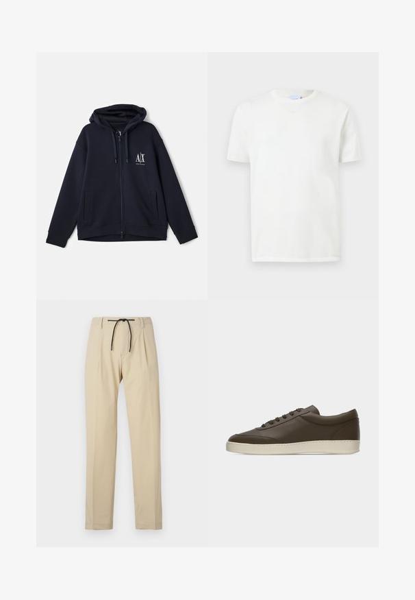 Sweat-shirt à zip bleu marine en tissu doux, avec un logo sur le devant, deux poches latérales et une capuche réglable avec cordon. Design à coupe décontractée.; T-shirt blanc uni à manches courtes et col rond, présenté sur un fond gris clair.; Pantalon beige à coupe droite, avec une taille à cordon de serrage, un devant plissé et une texture lisse. Design simple et polyvalent.; Baskets basses en cuir marron foncé avec lacets sur le devant et semelle en caoutchouc couleur crème, vues de côté extérieur sur fond blanc.