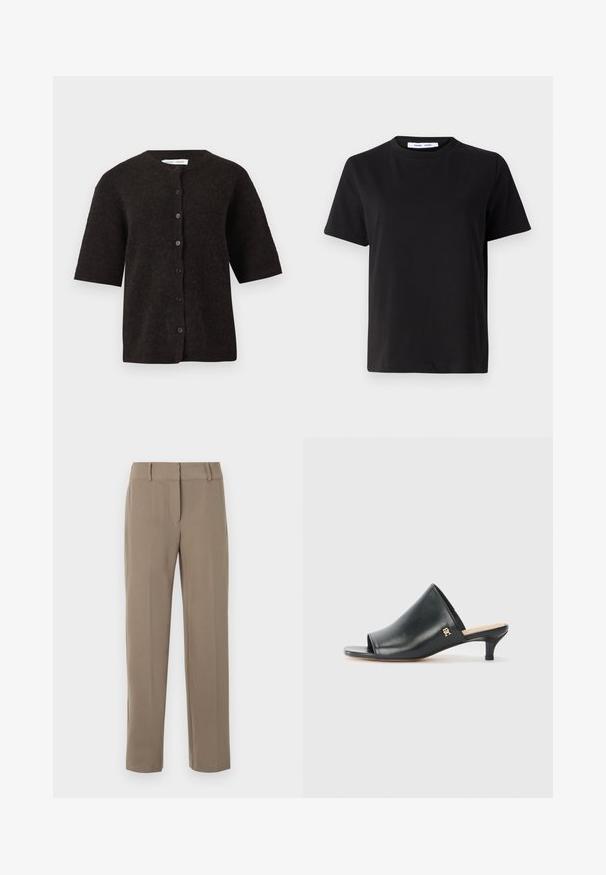 Cárdigan corto de color marrón oscuro, de manga corta, material de punto texturizado, con escote redondo y cierre frontal de botones con cinco botones oscuros.; Camiseta negra de manga corta hecha de algodón suave, con un cuello redondo, corte relajado y una textura lisa. Sin patrones ni gráficos visibles.; Pantalones caqui de pierna recta con trabillas para cinturón y cierre frontal de cremallera sobre fondo blanco.; Mules de cuero negro de punta abierta con un tacón bajo. Presentan una superficie lisa y un acento del logo dorado en el costado.