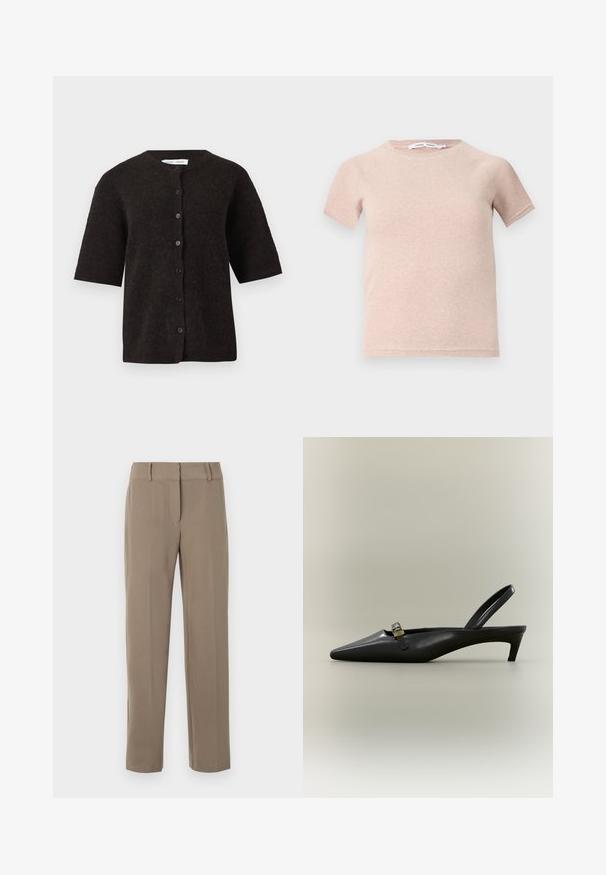 Donkerbruine, korte mouwen vest, textuur gebreid materiaal, ronde halslijn, voorkant met knoopsluiting met vijf donkere knopen.; Lichtroze t-shirt met korte mouwen van ribstof, met een ronde halslijn en een comfortabele pasvorm. Eenvoudig en naadloos ontwerp.; Rechte kaki broek met riemlussen en een ritssluiting aan de voorkant op een witte achtergrond.; Zwarte lederen slingback kitten heel met puntige neus en klein gouden gespsluiting op een effen achtergrond.