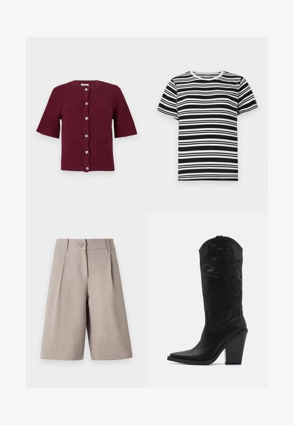 Cardigan bordeaux à manches courtes avec un design en mailles texturées, col rond, boutons argentés et deux poches avant.; T-shirt noir et blanc à manches courtes avec des rayures horizontales de largeurs variées et un col rond classique. Tissu en coton doux.; Shorts beige ajustés avec des plis, dotés d'une fermeture à bouton et d'une texture lisse, conçus pour une silhouette moderne et structurée.; Simmi London DANIQUE - Bottes à talons hauts - black