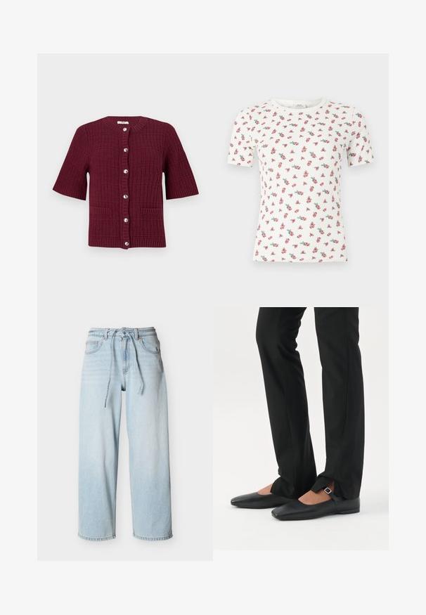 Bordeaux kortærmet cardigan med et struktureret strikdesign, rund hals, sølvknapper og to frontlommer.; Hvid, ribbet T-shirt med korte ærmer, lille pink og grøn blomstermønster og rund halsudskæring.; Lyseblå vidde ben denimjeans med snøre i taljen, forlommer og bæltestropper mod en ensfarvet baggrund.; Ben iført sorte smalle bukser med forreste slidser ved kanten, parret med sorte flade Mary Jane-sko med lille spænde.