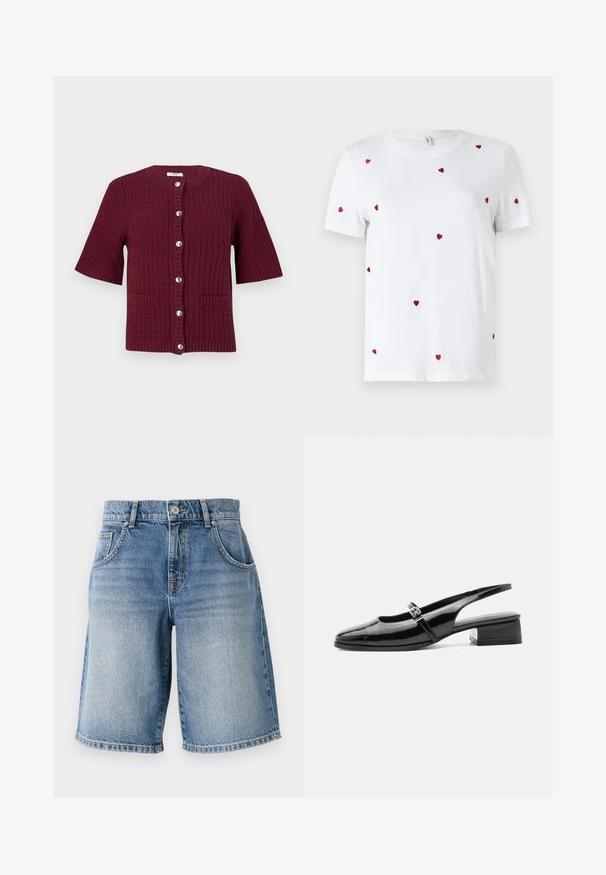 Bordeaux kortærmet cardigan med et struktureret strikdesign, rund hals, sølvknapper og to frontlommer.; Hvid bomulds T-shirt med spredte røde broderede hjerter. Klassisk rund hals og korte ærmer. Enkel, moderne design.; Lysblå denimshorts med lige pasform, fem lommer og bronzefarvet hardware. Har en rå kant og en falmet vaskemæssig struktur.; Sort laklæderslingback-sko med lav blokhæl og tynd rem med sølvspænde over toppen.