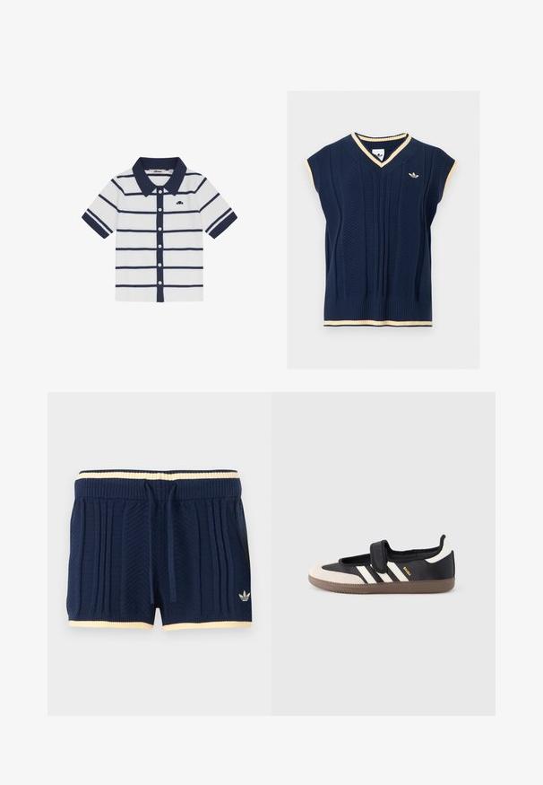 Λευκό πουκάμισο με κοντά μανίκια και κουμπιά, με ναυτικό γιακά, οριζόντιες ναυτικές ρίγες και μικρό λογότυπο στο αριστερό στήθος.; Σκούρα μπλε ζακάρ γιλέκο χωρίς μανίκια με V-λαιμόκοψη, εκρού διακοσμητικές λεπτομέρειες στο λαιμό, στα μανίκια και στο τελείωμα, και μικρό λογότυπο Adidas στο αριστερό στήθος.; Σκούρα μπλε πλεκτά σορτς με ραβδώσεις, εκρού φάσα στη μέση και το στρίφωμα, κορδόνι μπροστά και το λογότυπο Adidas στο αριστερό πόδι.; Μαύρο και μπεζ αθλητικό παπούτσι με λουράκι βέλκρο, τρεις λευκές ρίγες στο πλάι και υφασμένη καφέ πατούσα από καουτσούκ. Ορατό το λογότυπο της μάρκας.