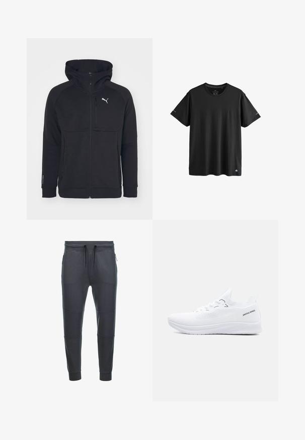 Sort zip-up hættejakke lavet af blødt stof, med hætte, sidelommer og et hvidt logo på venstre bryst. Glat tekstur med en moderne pasform.; Sort aktivtøj T-shirt med korte ærmer og rund hals, med diskrete logoer på ærmerne og nederste kant, størrelse medium.; Mørkegrå sweatpants lavet af blødt stof, med en snoretræk i taljen, to lynlåslommer på siden og paneldetaljer på benene.; Hvid strikket lavtop-sneaker med tekstureret sål, snørelukning foran og "JACK & JONES" logo på hælkantens side.