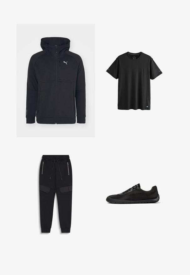 Zwarte rits hoodie, gemaakt van een zachte stof, met een capuchon, zijzakken en een wit logo op de linkerborst. Soepele textuur met een moderne pasvorm.; Zwart actief t-shirt met korte mouwen en ronde hals, met subtiele logo's op de mouwen en onderzoom, maat medium.; Zwarte joggerbroek met elastische tailleband, trekkoorden, zijzakken met rits en extra stofdetail op de dijen, met omgeslagen enkels.; Zwarte lage sneaker met mesh bovenwerk, vetersluiting en flexibele rubberen zool, zijaanzicht op witte achtergrond.