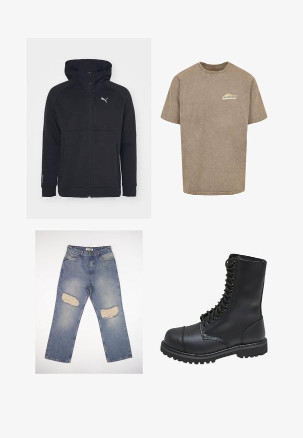 Sort zip-up hættejakke lavet af blødt stof, med hætte, sidelommer og et hvidt logo på venstre bryst. Glat tekstur med en moderne pasform.; Brun bomulds t-shirt med rund halsudskæring, korte ærmer og en let vintage vask. Har et lille hvidt logo på brystet.; Lyseblå denim jeans med lige pasform, der har to store slidte lapper på knæene og standard fem-lomme design.; Sort læder kampstøvle med høj skaft, snørebånd foran, polstret krave og en robust tekstureret sål for godt greb. Har forstærket tåhætte.