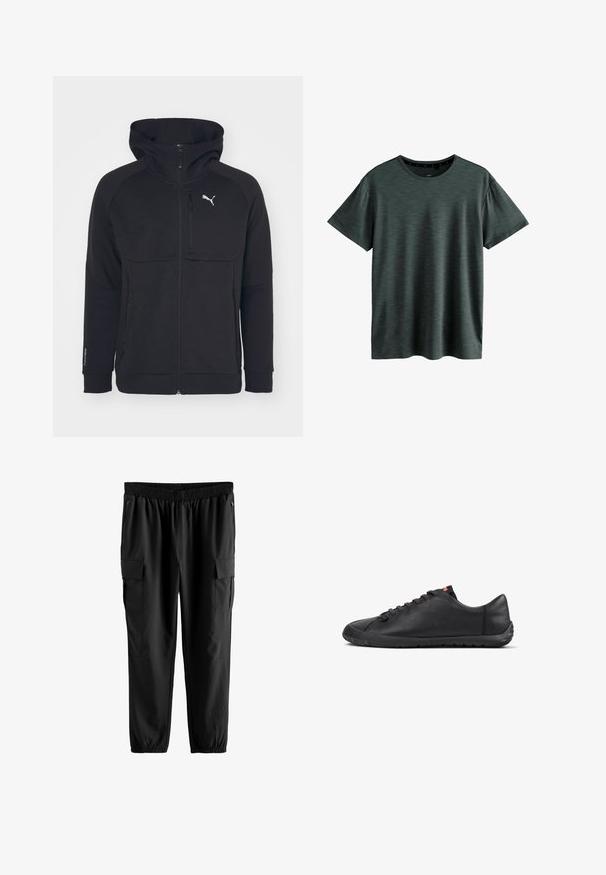 Zwarte rits hoodie, gemaakt van een zachte stof, met een capuchon, zijzakken en een wit logo op de linkerborst. Soepele textuur met een moderne pasvorm.; Donkergrijze T-shirt gemaakt van zachte, gestructureerde stof. Beschikt over een klassieke ronde hals en korte mouwen met een subtiel patroon. Geen zichtbare logo's.; Zwarte cargobroek met een elastische tailleband, zijzakken met rits en twee grote cargozakken met klepsluitingen. Glad, lichtgewicht materiaal.; Lage zwarte leren sneaker met veter aan de voorkant, gestructureerde zool en een klein rood logotabje op de tong, zijaanzicht.