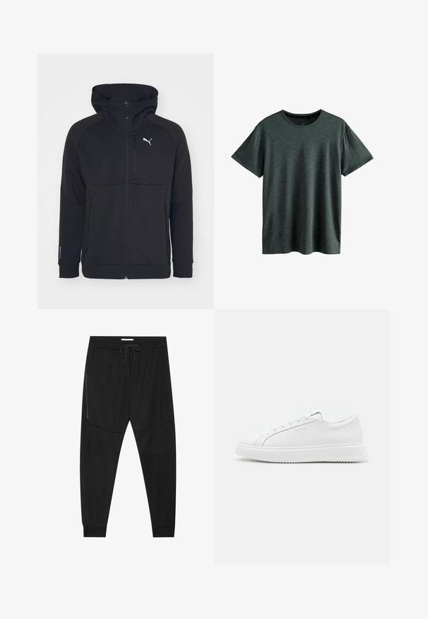 Sort zip-up hættejakke lavet af blødt stof, med hætte, sidelommer og et hvidt logo på venstre bryst. Glat tekstur med en moderne pasform.; Mørkeblå T-shirt lavet af blødt, struktureret stof. Har en klassisk rund hals og korte ærmer med et subtilt mønster. Ingen synlige logoer.; Sorte træningsbukser lavet af tekstureret stof, med justerbar talje, lynlåslomme på siden og tapered cuffs.; Hvide sneakers lavet af glat syntetisk materiale. Har et lavt design, forhøjet hvid sål, rund tå og snørebånd foran med fem snøre-huller.