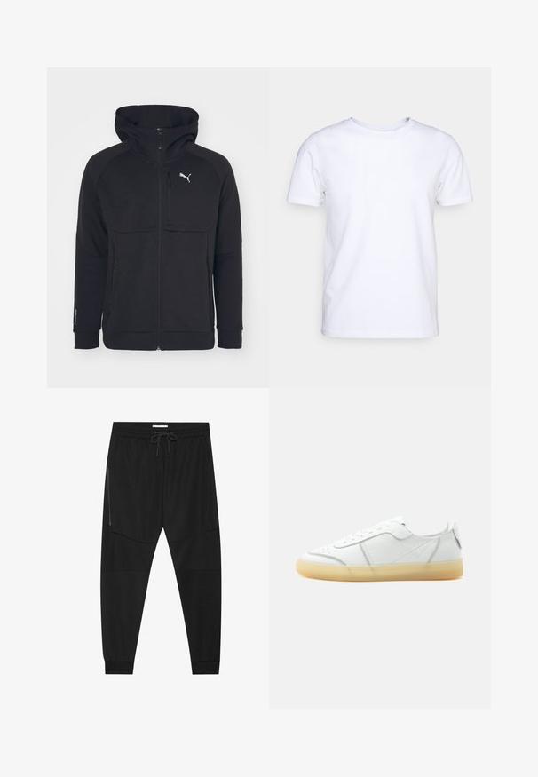 Schwarze Zip-Hoodie aus weichem Material, mit Kapuze, Seitentaschen und einem weißen Logo auf der linken Brust. Glatte Textur mit modernem Schnitt.; Weißes T-Shirt mit kurzen Ärmeln aus Baumwollstoff und rundem Halsausschnitt. Schlichtes Design ohne Muster oder Akzente. Glatte Textur.; Schwarze Sporthosen aus strukturiertem Stoff, mit verstellbarem Bund, seitlicher Reißverschlusstasche und schmal zulaufenden Bündchen.; Weißer flacher Ledersneaker mit beiger durchsichtiger Sohle, Schnürung vorne und minimalen Nähten, seitlich auf schlichtem Hintergrund gezeigt.