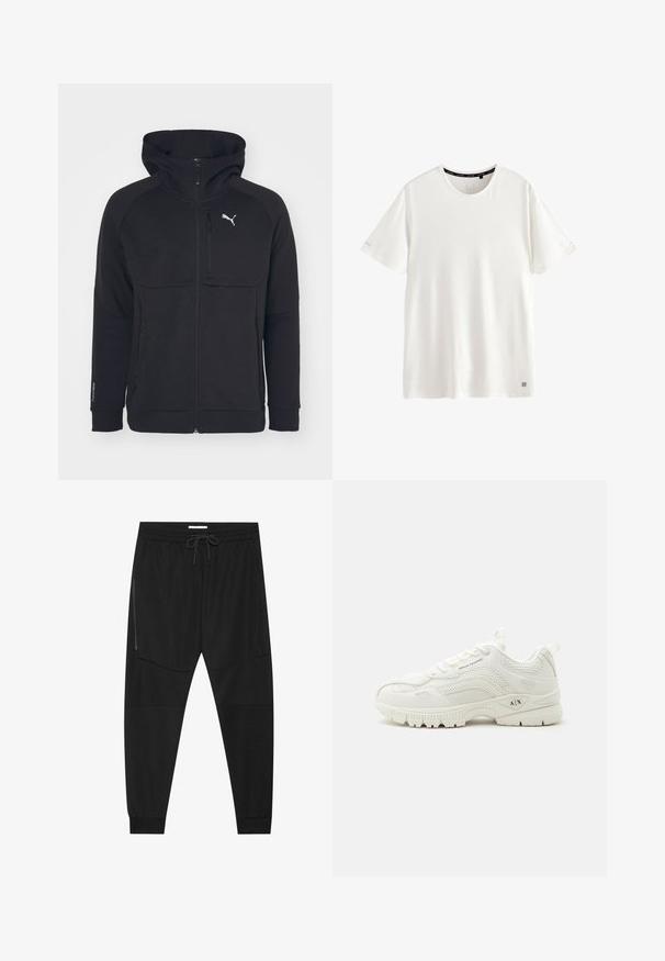 Sort zip-up hættejakke lavet af blødt stof, med hætte, sidelommer og et hvidt logo på venstre bryst. Glat tekstur med en moderne pasform.; Simpel hvid kortærmet T-shirt med rund hals, et lille logo nær kanten og teksten "ACTIVE" på indersiden af kraven.; Sorte træningsbukser lavet af tekstureret stof, med justerbar talje, lynlåslomme på siden og tapered cuffs.; Hvid Armani Exchange sneaker med mesh- og læderdetaljer, snørebånd foran, mærket "A|X" på sålen og sidepanelet, lavt atletisk design.