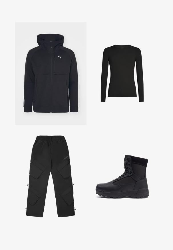 Zwarte rits hoodie, gemaakt van een zachte stof, met een capuchon, zijzakken en een wit logo op de linkerborst. Soepele textuur met een moderne pasvorm.; Zwart, aansluitend shirt met lange mouwen en ronde hals, met subtiel Icebreaker-logo op de linker mouw, weergegeven op een witte achtergrond.; Zwarte cargobroek gemaakt van een lichtgewicht, gestructureerd materiaal. Beschikt over een elastische tailleband, meerdere grote zakken en verstelbare manchetten.; Zwarte tactical boot met een gladlederen bovenkant en stofpanelen, hoge enkelontwerp, vetersluiting aan de voorkant en robuuste rubberen zool.