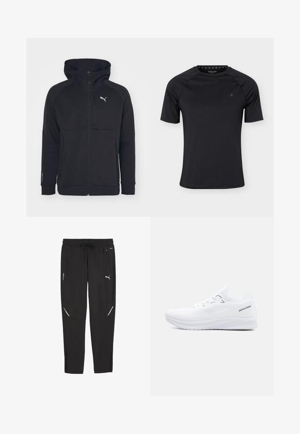 Sort zip-up hættejakke lavet af blødt stof, med hætte, sidelommer og et hvidt logo på venstre bryst. Glat tekstur med en moderne pasform.; Sort sport T-shirt med korte ærmer og rund halsudskæring med lille logo på venstre bryst, vist på ensartet lyst baggrund.; Sorte Puma træningsbukser med elastisk talje, snor, lynlåslommer i siderne og hvidt Puma-logo på højre ben.; Hvid strikket lavtop-sneaker med tekstureret sål, snørelukning foran og "JACK & JONES" logo på hælkantens side.