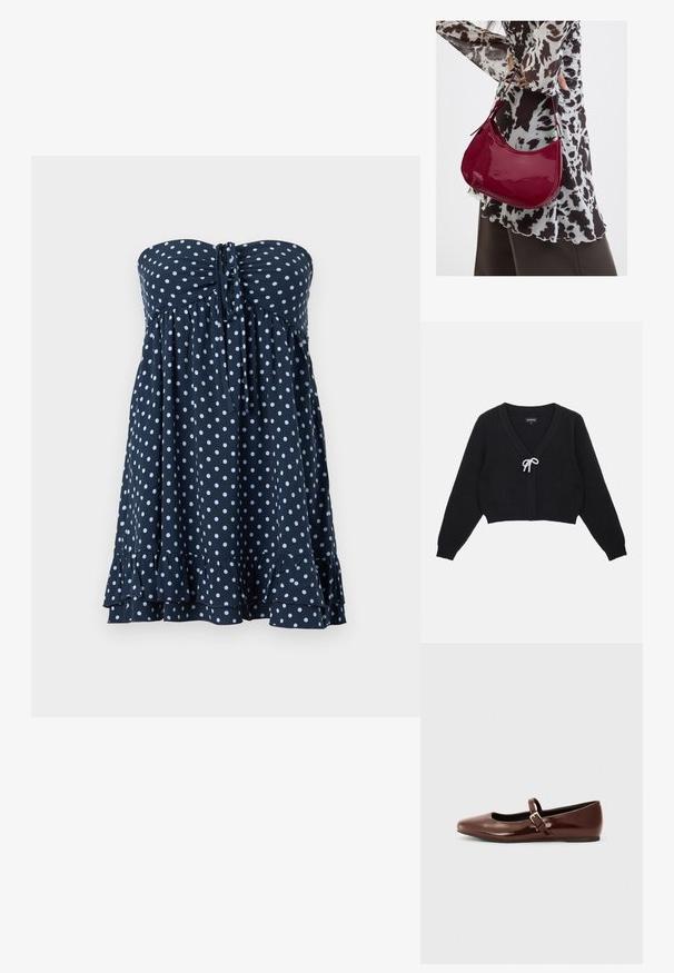 Sort cropped cardigan med V-hals, tekstureret stof, lange ærmer og en sløjfe lukning pyntet med perler fortil.; Marineblå stropløs kjole med hvide polkaprikker, bundet sløjfe i midten og flæsekant nederst.; Brun patentlæder balletflade med firkantet tå og strop med en lille guldbuckle. Glat tekstur, lav hæl og minimalistisk design.; Kvinde iført en sort- og hvidmønstret bluse, der holder en blank rød skuldertaske mod en ensfarvet baggrund.