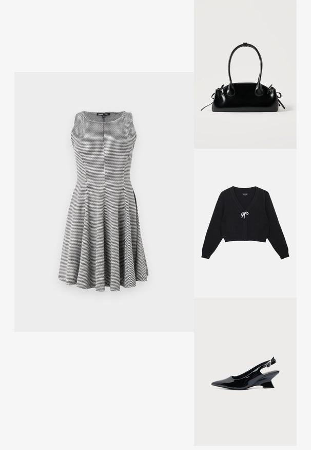 Sort cropped cardigan med V-hals, tekstureret stof, lange ærmer og en sløjfe lukning pyntet med perler fortil.; Sort-hvid ternet ærmeløs kjole med tætsiddende liv og flagrende nederdel, glat tekstur og subtile sømdetaljer.; Sort laklæder slingback sko med spids tå og lav vinklet blokhæl på ensartet lys baggrund.; Lille sort blank håndtaske med to lange håndtag og snøre-detaljer i siden på en ensfarvet lys baggrund.
