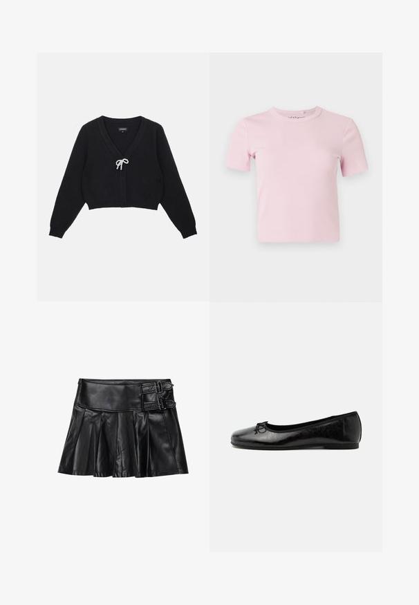 Sort cropped cardigan med V-hals, tekstureret stof, lange ærmer og en sløjfe lukning pyntet med perler fortil.; Lyserød kortærmet, ribstrikket t-shirt med rund halsudskæring og en tætsiddende pasform. Stoffet har en blød tekstur og sparsomme detaljer.; Sort læderskirt med pliser, bred talje og to spænde-accenter på siden. Glat tekstur med en blank finish.; Sort skinnende læder balletflad med lav hæl og lille dekorativ sløjfe foran, vist fra siden på ensartet lyst baggrund.