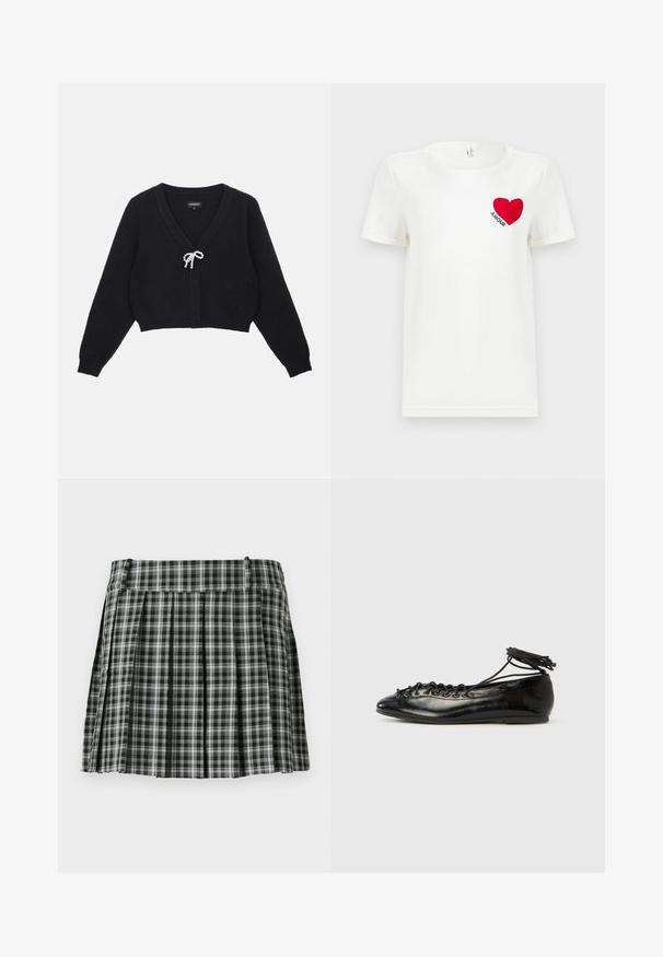 Sort cropped cardigan med V-hals, tekstureret stof, lange ærmer og en sløjfe lukning pyntet med perler fortil.; Hvid T-shirt med korte ærmer, prydet med et rødt hjerte og ordet "AMOUR" trykt på venstre bryst.; Sort-hvidt ternet plisseret nederdel med en glat talje og flere lodrette folder. Fremstillet af let stof.; Sorte balletflade sko i laklæder med rundet tå, snørelukning og flad sål. Glat tekstur med få detaljer.