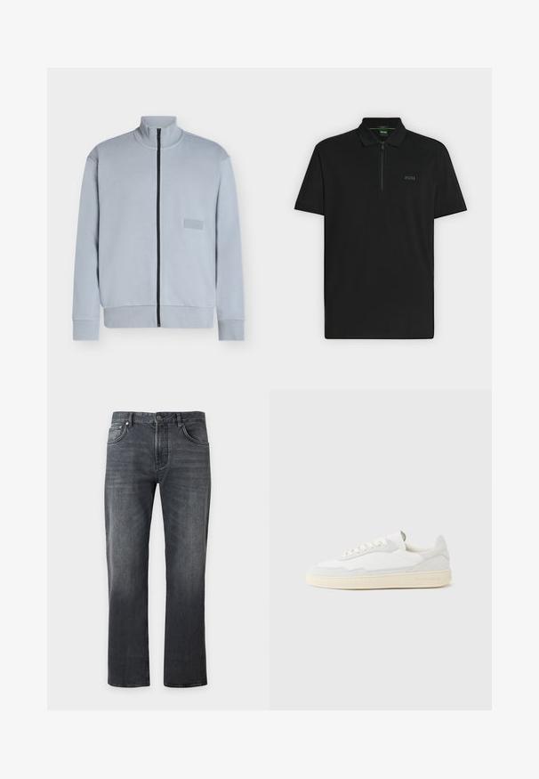 Veste zippée gris clair avec col montant, manches longues et fermeture éclair noire à l'avant, avec un petit patch logo "BOSS" sur la poitrine.; Polo noir à manches courtes avec col zippé et petit logo "BOSS" sur la poitrine gauche.; Jean noir droit avec fermeture avant par bouton et zip, design cinq poches et détails subtils d'usure.; Baskets blanches avec dessus en daim et cuir texturé. Caractérisées par un bout arrondi, une fermeture à lacets et une semelle en caoutchouc beige contrastante.