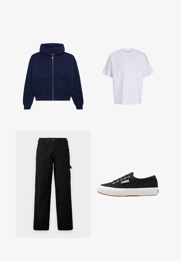 Marineblå zip-up hoodie lavet af blød bomuldsblanding. Har en front kangaroo lomme, ribbede manchetter og en rummelig hætte.; Simpel hvid oversized t-shirt med korte ærmer, rund hals og løs pasform mod en hvid baggrund.; Sorte cargo bukser lavet af slidstærkt stof med flere lommer, en afslappet pasform, synlige sømme og trykknapdetaljer.; Sort lærredssneaker med hvid gummisål og brunt gummiydersål. Har rund tå, snørebåndsdesign og lille logoetiket på siden.