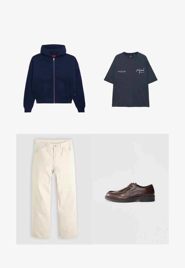 Marineblå zip-up hoodie lavet af blød bomuldsblanding. Har en front kangaroo lomme, ribbede manchetter og en rummelig hætte.; Marineblå T-shirt med korte ærmer med hvidt tryk, inklusive "Miró" signatur og lille afsnit på brystet.; Lysebeige bomuldsbukser med en afslappet pasform, lige ben og forlommer. Har en knaplukning og et enkelt, rent design.; Brune lædersko med rund tå, minimal syning og en solid sort sål. Har snørelukning og en glat overflade.