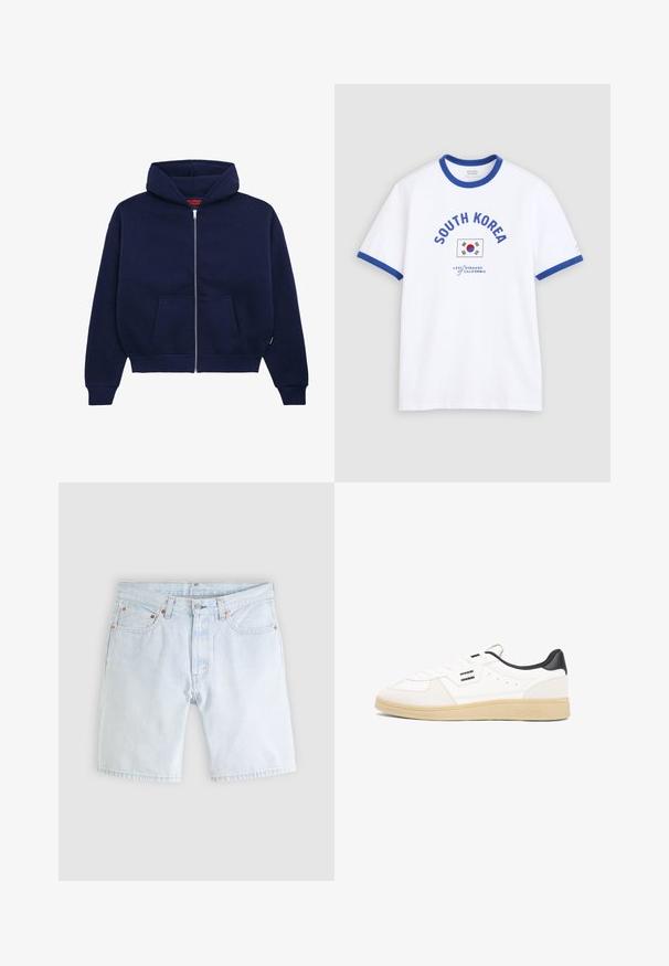 Sweat à capuche zippé bleu marine en mélange de coton doux. Caractéristiques : poche kangourou à l'avant, poignets côtelés et une capuche spacieuse.; T-shirt blanc avec col et bordures de manches bleues, avec le texte « South Korea » et un motif du drapeau sud-coréen sur le devant.; Short en jean bleu clair avec bouton sur le devant, fermeture éclair, cinq poches et passants de ceinture sur un fond gris clair uni.; Baskets en cuir blanc avec un talon noir, fermeture à lacets, détails perforés sur la tige et une semelle en caoutchouc beige. Présente des accents de logo.