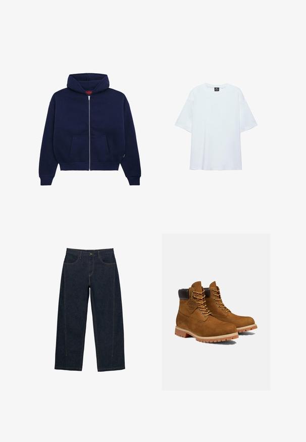 Marineblå zip-up hoodie lavet af blød bomuldsblanding. Har en front kangaroo lomme, ribbede manchetter og en rummelig hætte.; Hvid, oversized T-shirt med korte ærmer og rund halsudskæring, med en sort etiket inde i kraven på en hvid baggrund.; Mørkeblå denim jeans med vide ben, kontrasterende orange syninger, fem lommer, knaplukning og talje i mellemhøjde.; Brune ruskinds ankelstøvler med en polstret sort krave, gyldne snørehuller og en tyk gummisål med en mønster, der giver godt greb.