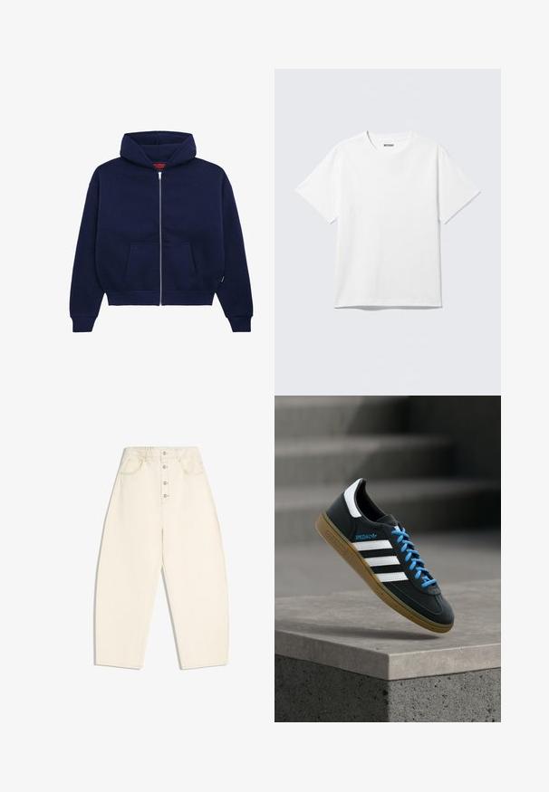 Marineblå zip-up hoodie lavet af blød bomuldsblanding. Har en front kangaroo lomme, ribbede manchetter og en rummelig hætte.; Hvid kortærmet crewneck T-shirt lagt fladt ud, ensfarvet design, med "WEEKDAY" mærkat inde i kraven på en lys baggrund.; Højtbådede, viddebenede bukser i cremefarve med frontknaplukning og sidelommer samt baglommer på hvid baggrund.; Sort Adidas sneaker med hvide striber, blå snørebånd og gummisål, der svæver over gråt betontrin i blødt lys.