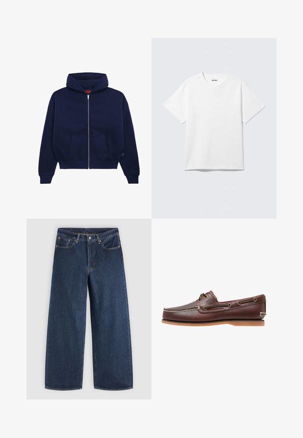 Marineblå zip-up hoodie lavet af blød bomuldsblanding. Har en front kangaroo lomme, ribbede manchetter og en rummelig hætte.; Hvid kortærmet crewneck T-shirt lagt fladt ud, ensfarvet design, med "WEEKDAY" mærkat inde i kraven på en lys baggrund.; Mørkeblå vidde jeans med forlommer, knaplukning og bæltestropper, lagt fladt på en lys baggrund.; Brun læder bådsko med hvide sømme, snøre detaljer og lysbrun gummisål, vist fra siden på hvid baggrund.