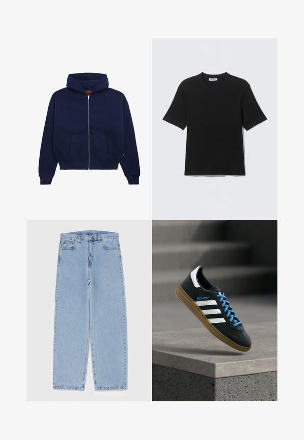 Marineblå zip-up hoodie lavet af blød bomuldsblanding. Har en front kangaroo lomme, ribbede manchetter og en rummelig hætte.; Sort kortærmet T-shirt med rund hals og "WEEKDAY" mærke på indersiden af kraven, vist fladt på en lys baggrund.; Lyseblå denimjeans med straight leg-design, der har en mid-rise talje, fem lommer og en lukning med knap og lynlås.; Sort Adidas sneaker med hvide striber, blå snørebånd og gummisål, der svæver over gråt betontrin i blødt lys.