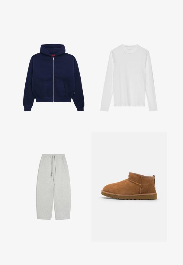 Marineblauwe ritsshirt hoodie van een zachte katoenmix. Voorzien van een voorste kangaroo-pocket, ribgebreide manchetten en een ruime capuchon.; Wit T-shirt met lange mouwen gemaakt van zacht katoen, met een ronde halslijn en een gladde textuur zonder zichtbare patronen of accenten.; Lichtgrijze joggingbroek met elastische tailleband, trekkoord, zijzakken en een relaxte rechte pasvorm.; Tan suède enkellaars met een ronde neus, subtiele stiksels en een gestructureerde rubberen zool. Korte hoogte zonder veters.