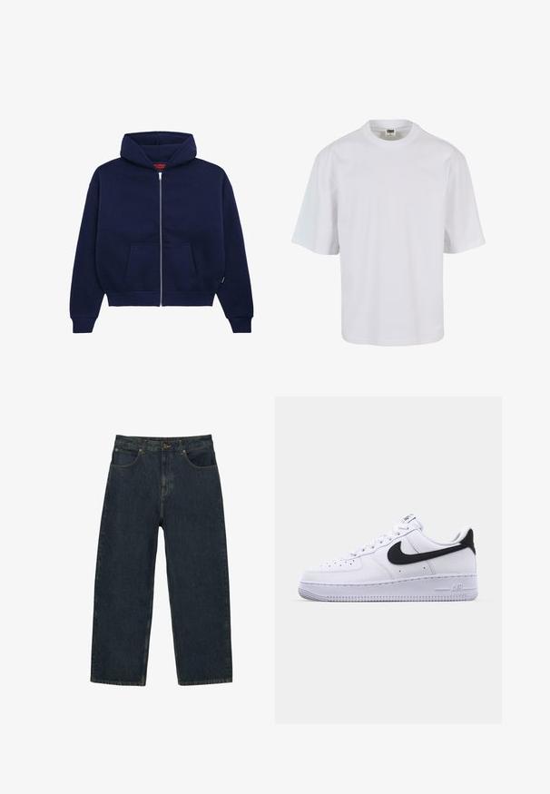 Marineblå zip-up hoodie lavet af blød bomuldsblanding. Har en front kangaroo lomme, ribbede manchetter og en rummelig hætte.; Hvid, kortærmet t-shirt lavet af bomuld. Har rund halsudskæring og løs pasform med en glat tekstur og ingen synlige mønstre eller grafik.; Mørkeblå højttaljede denimjeans med lige ben, forlommer, knaplukning og synlige sømme.; Hvide lædersneakers med en struktureret sort Swoosh, flade snørebånd og en gummisål med et rillemønster. "AIR" er præget på hælen.