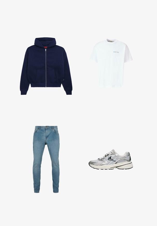 Sweat à capuche zippé bleu marine en mélange de coton doux. Caractéristiques : poche kangourou à l'avant, poignets côtelés et une capuche spacieuse.; T-shirt en coton blanc au fit décontracté et à manches courtes. Présente un petit logo graphique bleu sur la zone du côté gauche de la poitrine.; Urban Classics Jean slim - mid deep blue; Chaussure de course légère en mesh gris et argenté, avec une semelle coussinée et des accents en caoutchouc noir. Dotée d'un design à lacets et de panneaux respirants.