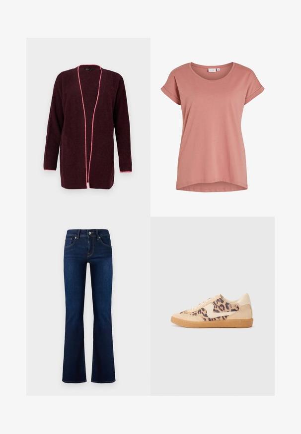 Cárdigan de punto burdeos con mangas largas y abertura frontal, que presenta un ribete rosa a lo largo de los bordes y un patrón texturizado.; Camiseta rosa de mujer con mangas cortas, cuello redondo y bordes de las mangas remangados, diseño sencillo y dobladillo ligeramente curvado.; Jean de mezclilla azul oscuro de corte acampanado con cintura media, bolsillos frontales y costuras en contraste. Presenta un cierre de botón metálico y cinturillas.; Zapatillas de leopardo con parte superior de ante beige, suela de goma marrón y acentos blancos. Punta redonda y diseño con cordones con un acabado texturado.