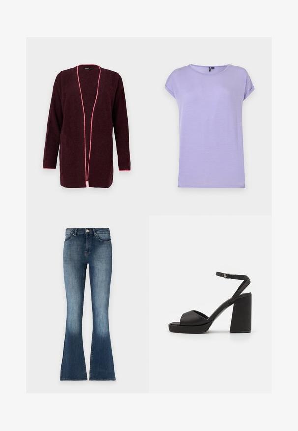 Burgundy neulecardigan pitkähihaisilla ja avonaisella etuosalla, jossa on vaaleanpunaiset reunukset ja teksturoitu kuvio.; Lilasävyinen lyhythihainen t-paita pyöreällä pääntiellä ja käärityillä hihoilla, esitetty yksivärisellä vaalealla taustalla.; Sininen farkkukangas, leveälahkeiset farkut, joissa on keskikorkea vyötärö, haalistunut viimeistely ja perinteinen viisi-taskutyyli. Pehmeä rakenne ja hienovaraiset ommeltyylit.; Mustat satiinisandaalit, joissa on leveä eturempi, avoin varvasosa, nilkkaremmi ja massiivinen blokki-korko. Sileä pinta ja minimalistinen muotoilu.